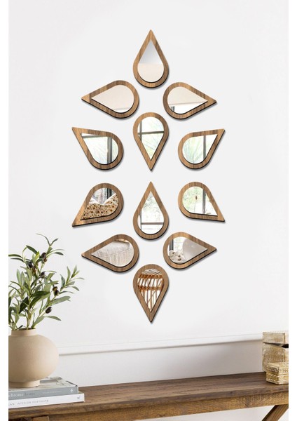 Su Damlası Dekoratif Ayna Seti Ahşap 12 Adet Pleksi Ayna