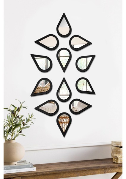 Su Damlası Dekoratif Ayna Seti Ahşap 12 Adet Pleksi Ayna