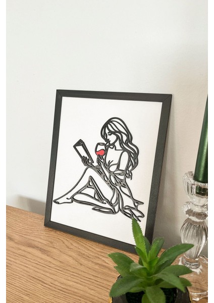 Modern Siyah Çerçeveli Ahşap Kitap Okuyan Kadın Tablosu | 3D Katmanlı Tasarım 25X20 cm fiyatları