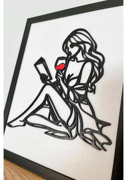 Modern Siyah Çerçeveli Ahşap Kitap Okuyan Kadın Tablosu | 3D Katmanlı Tasarım 25X20 cm modelleri