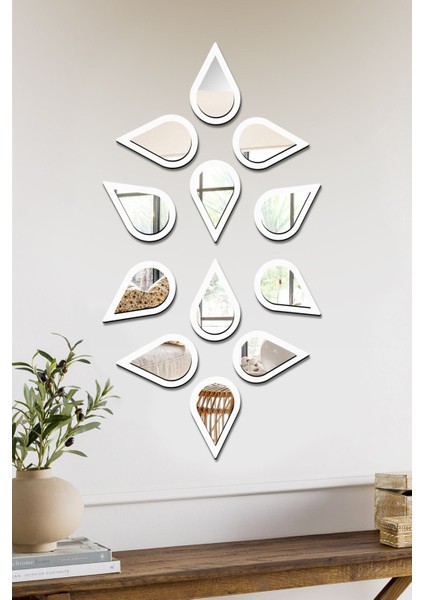 Su Damlası Dekoratif Ayna Seti Ahşap 12 Adet Pleksi Ayna