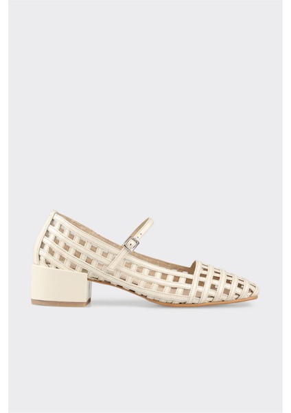 Bej Deri Kadın Topuklu Ayakkabı