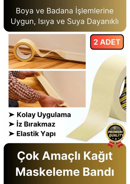 Çok Amaçlı Isıya Suya Dayanıklı Kolay Sökülebilen 25MT Krep Kağıt Maskeleme Boya Badana Bandı-2 Adet