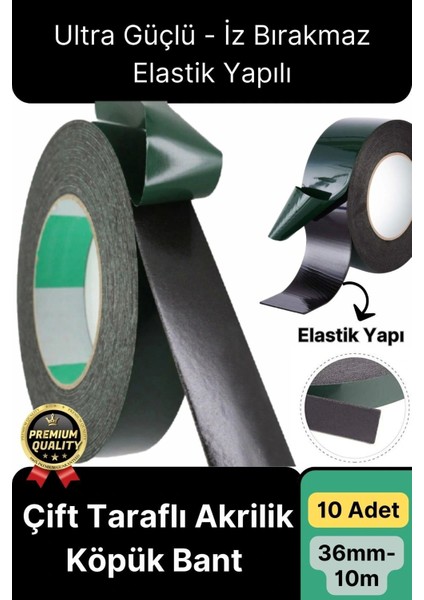 Premium Ultra Güçlü Iz Bırakmaz Elastik Yapılı Çift Taraflı Akrilik Köpük Bant 36MM - 10M - 10 Adet