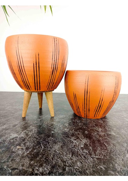Tasarımı Ev Dekorasyon Siyah Çizgi Desenli Terrakota Toprak Saksı Saksılık Salon Çiçeklik Ikili Set Ayaksız - 3 Ayaklı- 15 cm