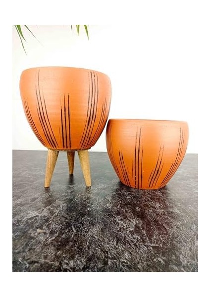 Tasarımı Ev Dekorasyon Siyah Çizgi Desenli Terrakota Toprak Saksı Saksılık Salon Çiçeklik Ikili Set Ayaksız - 3 Ayaklı- 15 cm