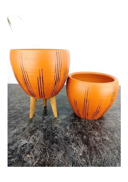 Tasarımı Ev Dekorasyon Siyah Çizgi Desenli Terrakota Toprak Saksı Saksılık Salon Çiçeklik Ikili Set Ayaksız - 3 Ayaklı- 15 cm