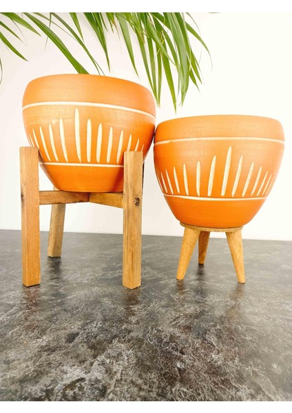Tasarımı Ev Dekorasyon Dik Çizgi Desenli Terrakota Toprak Saksı Salon Çiçeklik Ikili Set 3 Ayaklı- 4 Ayaklı-15 cm