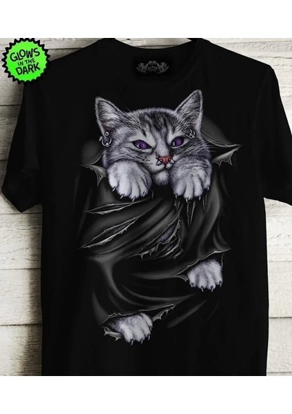 Erkek Siyah Kedi Baskılı T-Shirt