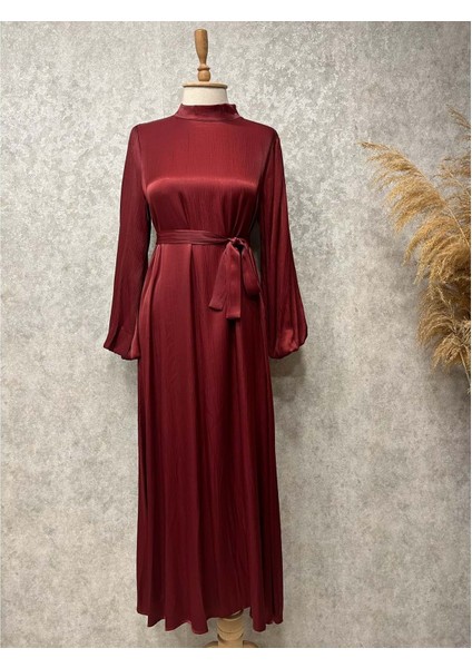 25Y9589 Elbise Balon Kol Bel Kuşaklı - Rumella - 25Y9589 - Bordo - 38