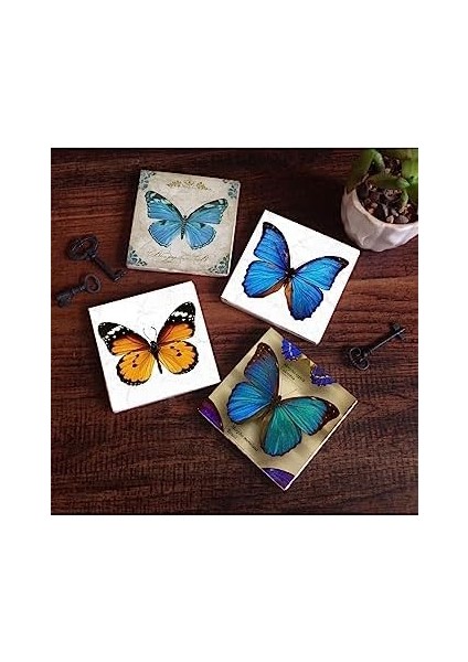 Kelebek Taş Bardak Altlığı Seti - 4 Parça - Dekoratif, Rustik Mutfak Aksesuarı, 10 x 10 cm , Kaydırmaz Tabanlı, Şık ve Dayanıklı SC169 fiyatları
