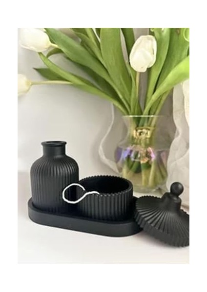 Menashop Metrashop Siyah Seramik Vazo ve Mumluk Seti - Modern ve Minimalist Dekorasyon