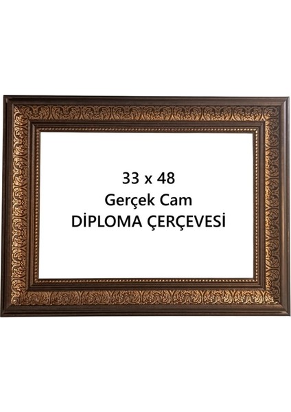Diploma Çerçevesi Dekoratif 33 x 48 Kahve Rengi Gold Gerçek Cam Çerçeve