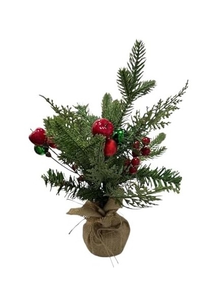 Menashop Metrashop Çam Dalı Aranjmanı, Kırmızı Kokina Çiçekleri ve Kozalaklı, Jüt Kumaş Taban, 30 cm