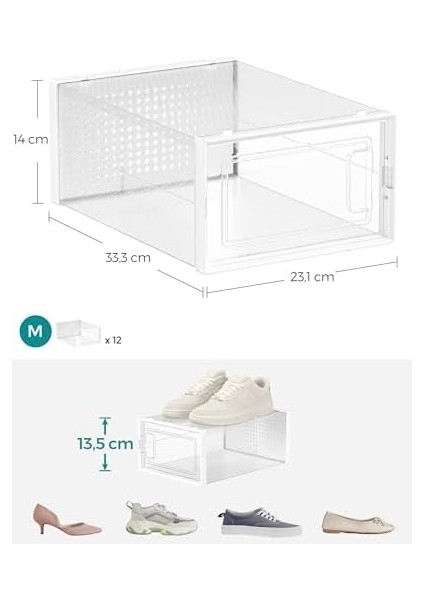 Ayakkabı Kutusu, 12'li Set, Plastik Ayakkabı Düzenleyici, Katlanabilir ve Istiflenebilir, 44 Numaraya Kadar Ayakkabılar Için, Şeffaf Beyaz LSP12SWT