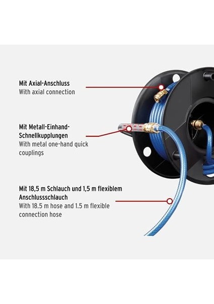 Menashop Metrashop Basınçlı Hava Hortum Makarası Anti Twist (18,5 M Hortum + 1,5 M Bağlantı Hortumu, Metal Tek Elle Hızlı Bağlantı Elemanları ve Duvar Braketi, Almanya'da Üretilmiştir)