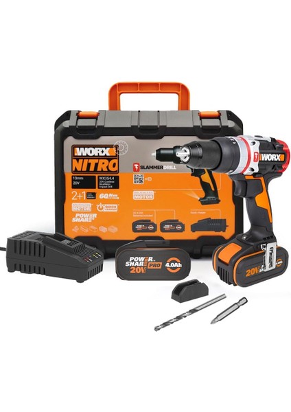 Menashop Metrashop WX354.4 20 VOLT/4.0AH Li-Ion Çift Akülü Kömürsüz Profesyonel Şarjlı Darbeli Matkap