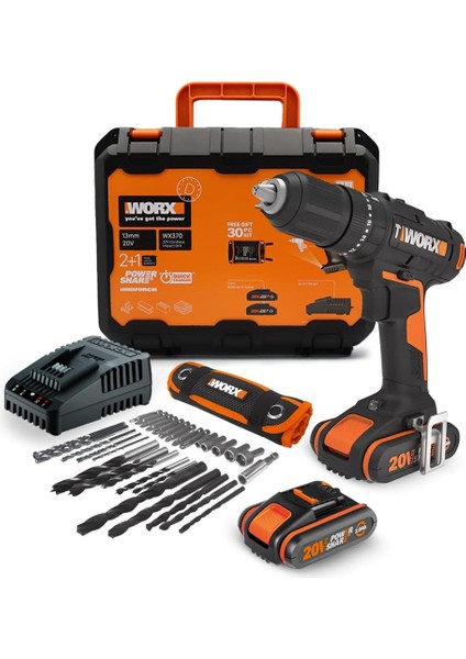 Menashop WX370 20V/2AH Li-On Çift Akülü Profesyonel Şarjlı Darbeli Matkap + 30 Parça Aksesuar Seti