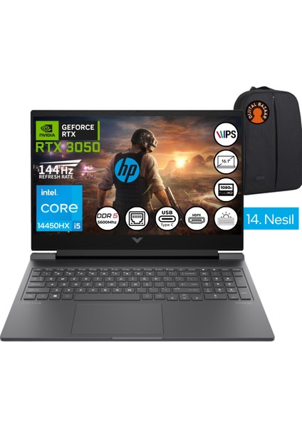 Victus 16-R1008NT Intel Core I5 14450HX 48GB 1tb SSD RTX3050 6gb Freedos 16.1" Fhd 144Hz Taşınabilir Bilgisayar + Djt Çanta Hediye