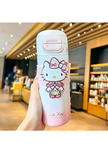 Çocuk Termos Paslanmaz Çelik Hello Kitty Figürlü Çift Fonksiyonlu Kapak Hem Pipet Hem Ağızlık 530ML