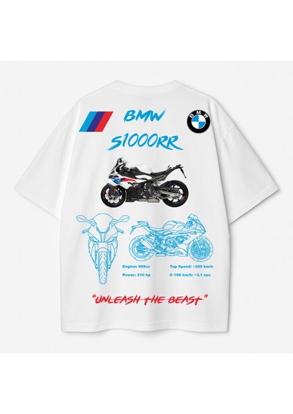 Bmw S1000RR Tasarımlı Oversize Unisex Tişört – Unleash The Beast Motosiklet Temalı Beyaz Siyah Model