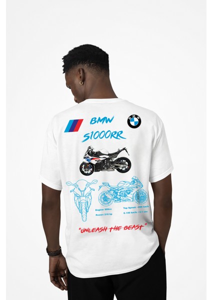 Bmw S1000RR Tasarımlı Oversize Unisex Tişört – Unleash The Beast Motosiklet Temalı Beyaz Siyah Model