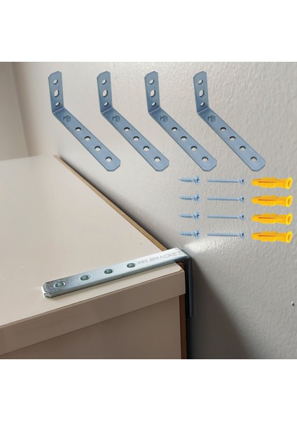 MR.BRACKET 5.2 x 10 cm - Deprem Güvenliği Dolap Sabitleme Aparatı Seti - Mobilya Gardırop Portmanto Kitaplık Masa Raf Eşya Duvara Sabitleyici Aparat