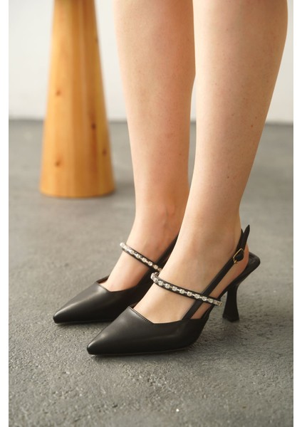 Kadın Simao Taşlı Topuklu Ayakkabı - Siyah-Deri