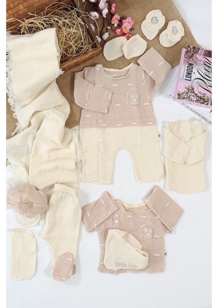 Kız Erkek Bebek Unisex Yenidoğan Müslin Pembe 10 Lu Lüks Hastane Çıkışı Zıbın Seti STL6972