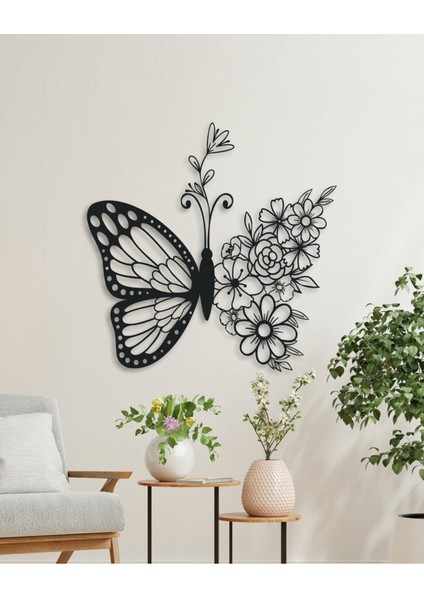 Kelebek ve Çiçek Temalı Metal Duvar Tablosu