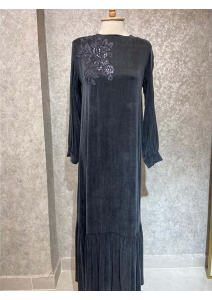 25Y12597 Elbise Etek Ucu Fırfır Kol Işleme Detaylı - Puane - 25Y12597 - Antrasit - S