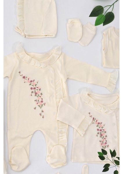 Kız Bebek Krem Lüks Süslü Fistolu Çiçek Nakışlı Dantelli 10'lu Hastane Seti STL6950 fiyatları