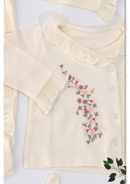 Kız Bebek Krem Lüks Süslü Fistolu Çiçek Nakışlı Dantelli 10'lu Hastane Seti STL6950 fırsatları