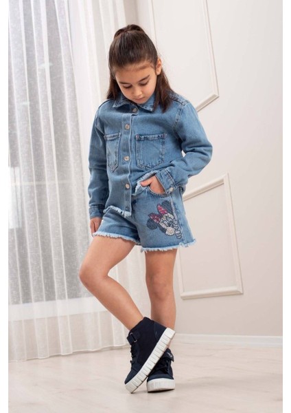 Kız Çocuk Kot Şortlu-Çeketli Takım