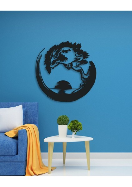 Bonsai Ağacı ve Gün Batımı ile Ying Yang Temalı Metal Tablo