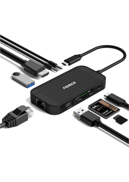 Fıdeco 9 In 1 Type-C Hub - 4K Hdmı, Gigabit Ethernet, USB 3.0, Pd Şarj, Sd/tf Kart Okuyucu