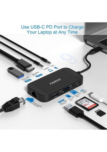 Fıdeco 9 In 1 Type-C Hub - 4K Hdmı, Gigabit Ethernet, USB 3.0, Pd Şarj, Sd/tf Kart Okuyucu
