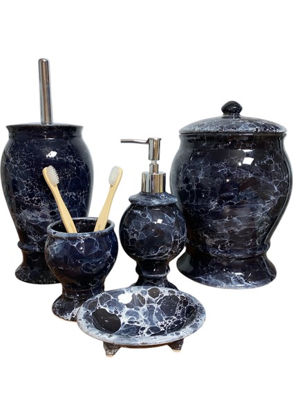 Naomi Collection 5 Parça Koyu Renk Mermer Desen Banyo Seti