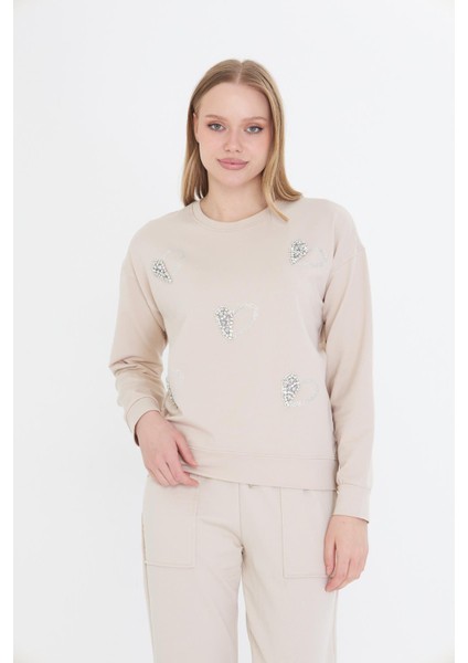 Kalpli Taş Baskılı Sweatshirt