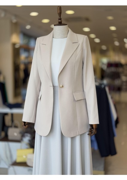 Kruvaze Yaka Tek Düğmeli Bej Blazer Ceket 0070