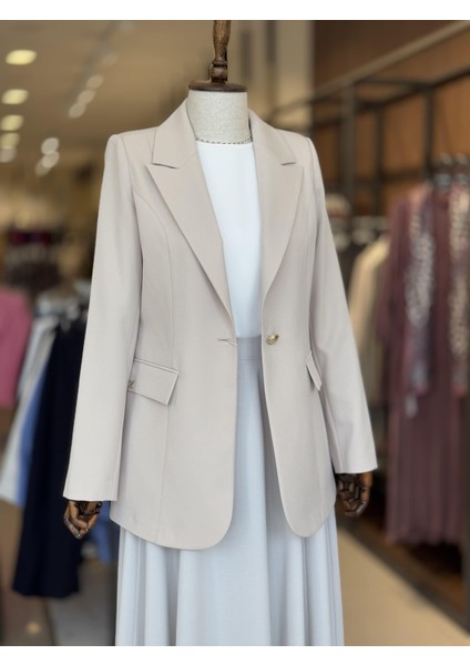Kruvaze Yaka Tek Düğmeli Bej Blazer Ceket 0070 modelleri