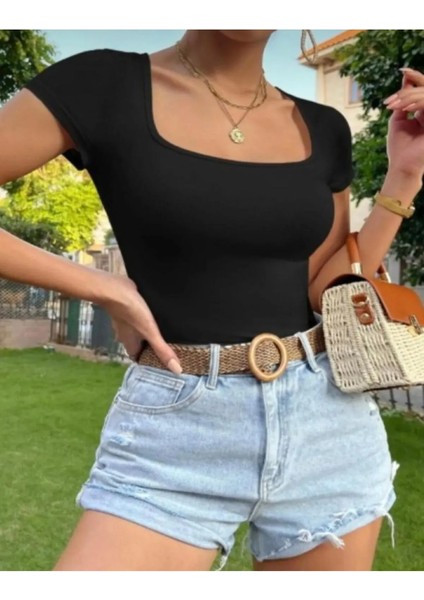 Kare Yaka Basic Dar Kesim Kısa Kollu Body Full Likralı Tam Kalıp