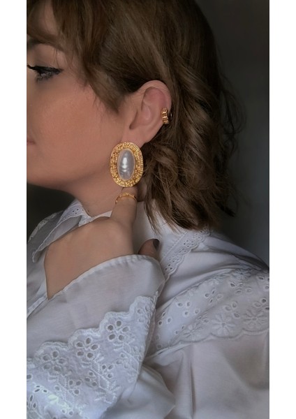 Barok Inci Gold Plaka Marka Model Küpe