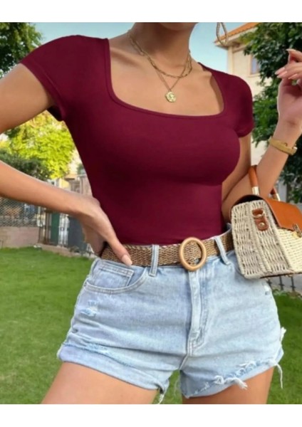 Kare Yaka Basic Dar Kesim Kısa Kollu Body Full Likralı Tam Kalıp