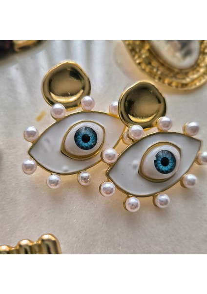 Inci Taşlı Gold Nazar Küpe