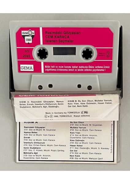 Cem Karaca Resimdeki Gözyaşları Seçme Eserler Kaset (Türküola 2093 Orijinal Dönem Alman Baskı Kaset)