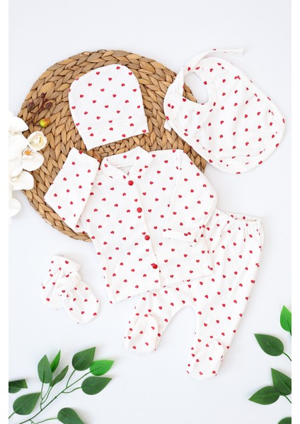 Kız Bebek Beyaz Kalpli Lüks Süslü 5 Li Hastane Çıkışı Yenidoğan Set STL6231