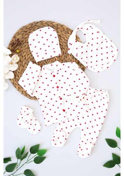 Kız Bebek Beyaz Kalpli Lüks Süslü 5 Li Hastane Çıkışı Yenidoğan Set STL6231 fırsatları