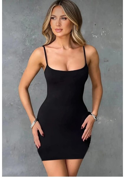 Siyah Ip Askılı Likralı Mini Elbise