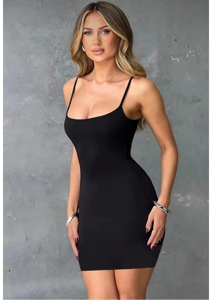 Siyah Ip Askılı Likralı Mini Elbise modelleri